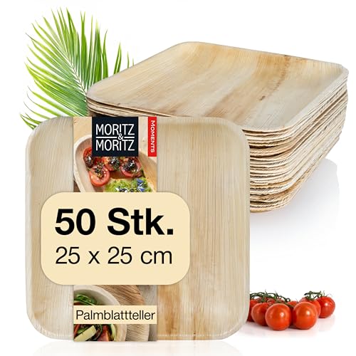 Moritz & Moritz Palmblatt Teller eckig 25 x 25 cm - 50 Nachhaltige Einwegteller - Alternative zu Bambusteller und Bambusgeschirr