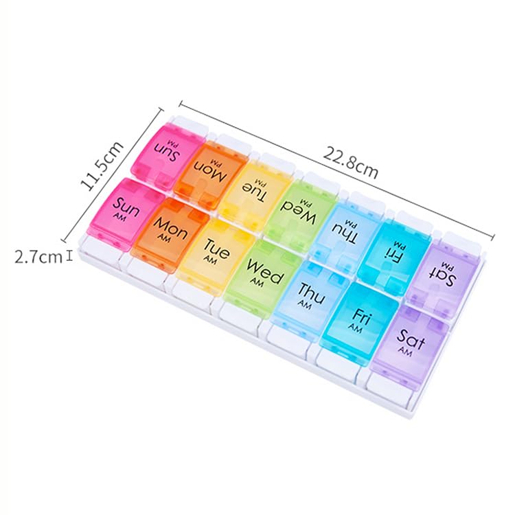 Wopanxye Push Button 7-Day Pill Case, Daily Medicine Planner, Travel Vitamin Organizer, Twice a Day AM PM 14 Compartments Pill Box Reminder for Fish Oil, Supplement, Arthritis Friendly, Colorful Lids