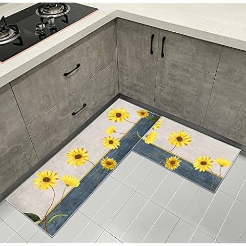 HZVRTN 2 Piece Non Slip Kitchen Mat Kitchen Rug Set 40x60 + 40x120 cm, Washable Rubber Backing Doormat, Dining Room, Entryway and Door Runner Rug Set (Sunflower B)… Cover