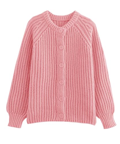 Image of Women's Casual Puff Long Sleeve Crew Neck Cardigan Button Down Open Front Knit Loose Sweater Outwear