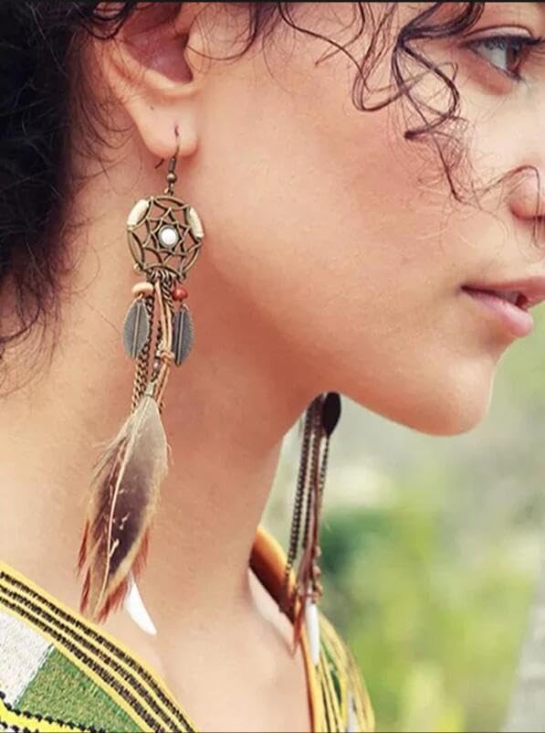Miniatura 2 de Aretes punk, estilo vintage, con borlas largas, cuentas de pluma, colgante en forma de diente de lobo, aretes de gancho de pescado, adecuados