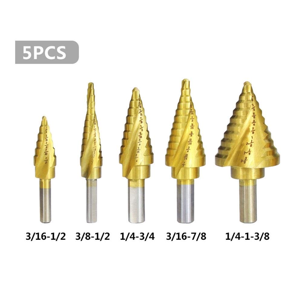 Broca escalonada, brocas for metal, broca escalonada de carburo, juego de brocas for escalera de acero de alta velocidad, abridor de agujeros de metal y madera en espiral recubierta, 5 piezas Broca co