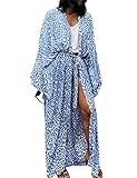 Orshoy Damen Morgenmantel aus Baumwolle Bademantel Nachtwäsche Kimono Saunamantel mit Tiefer V-Ausschnitt C-Blau 3