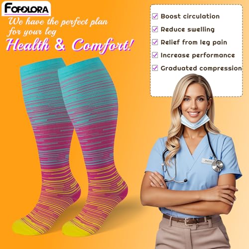 Image of Plus Size Compression Socks for Women & Men 3 Pairs, Wide Calf Extra Large 20-30 mmHg Knee High Support Socks for Travel, Running, Nurse