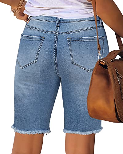 Utyful Women's Bermuda Jeans Shorts Summer Raw Hem Distressed Denim Shorts Raw Hem-Light Blue Large #TOP5