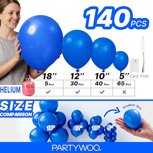 Image of PartyWoo Royal Blue Balloons 140pcs Different Sizes Pack of 18 12 10 5 Inch Dark Blue Balloon Arch Kit for Baby Shower Gender Reveal Graduation Under The Sea Birthday Party Decorations Blue-Y5