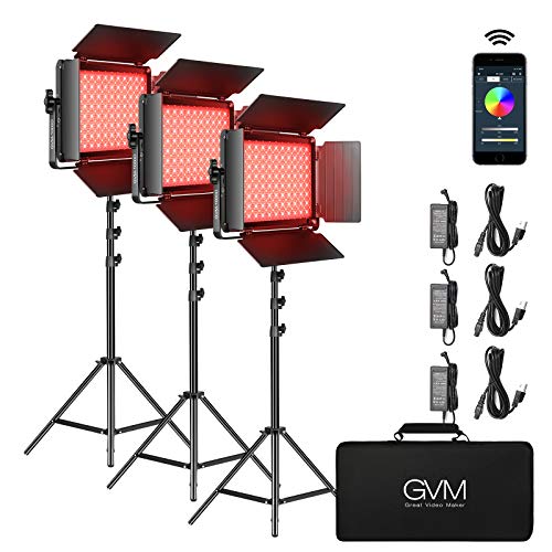 RGB LED Video Light, GVM 45W Photography Lighting with Bluetooth Control, Full Color Video Lighting Kit for YouTube Studio, 3Packs Led Panel Light, 736pcs Led Beads, 3200K-5600K, 8Applicable Scenes