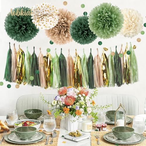 Image of AOBKIAT Sage Green Wedding Party Decorations Kit,28 PCS | with Tissue Paper Pom Poms,Garland,Tassels Hanging Backdrop for Birthday,Bridal Baby Shower,Boho Wedding Party Supplies