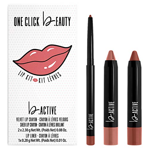 One Click Beauty b.Active 3-Piece Lip Kit, Longwear Makeup, The Warm Nudes