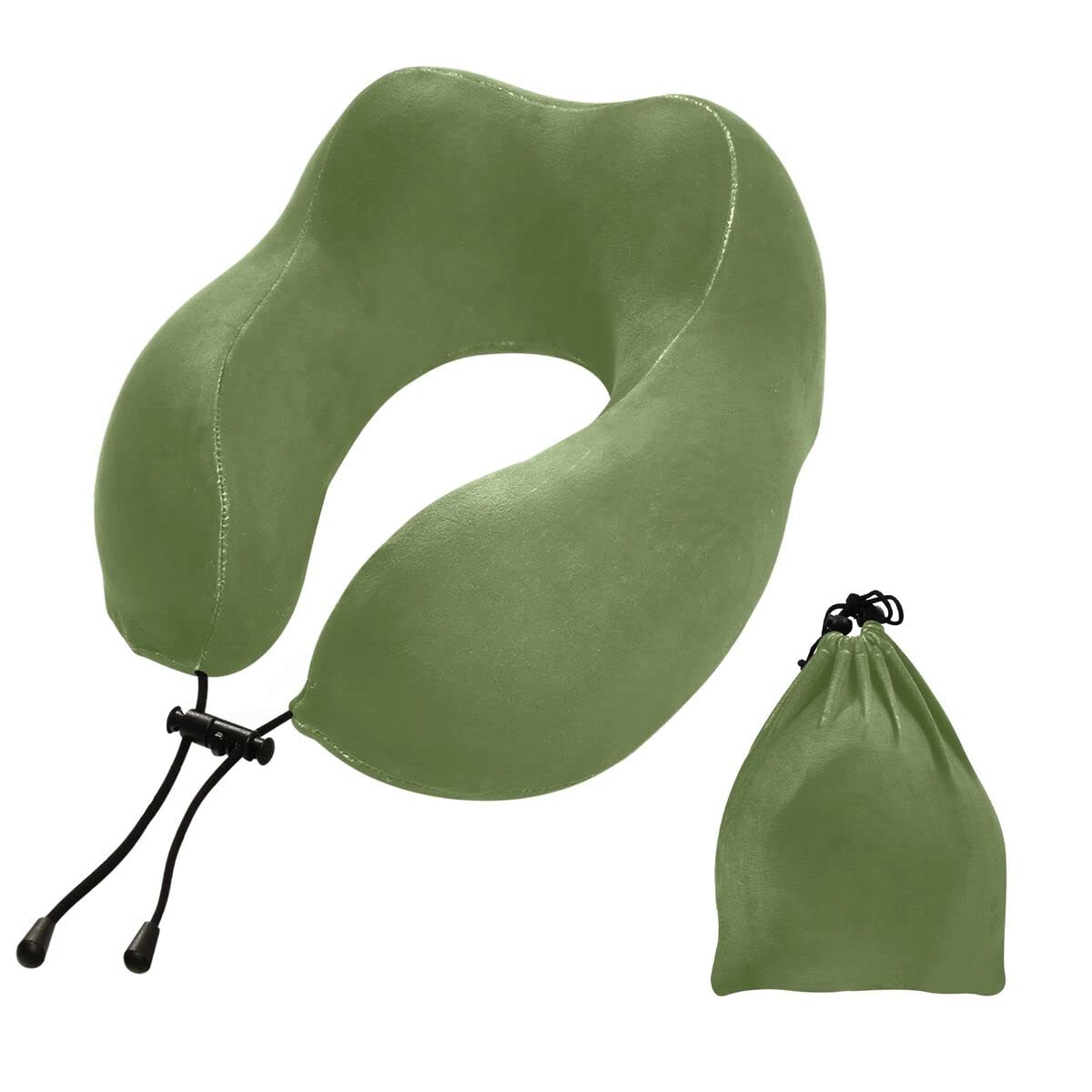 Nander Plain Dark Olive Green Solid Color Travel Pillow - Memory Foam Neck Cushion - Support Neck Pillow with Storage Bag-Travel Neck Pillow for Car Airplane Work School