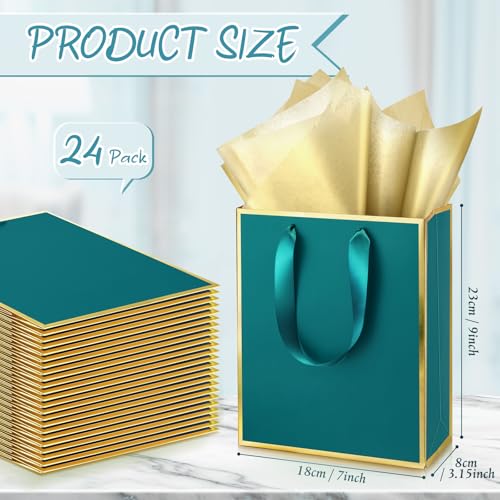 Image of Yeaqee 24 Pack Metallic Paper Gift Bags, Turquoise, Gold | with Satin Ribbon Handle and Tissue, 9x7x3.1 Inch, Suit Business, Birthday, Christmas, Thank You Return Gifts Bags