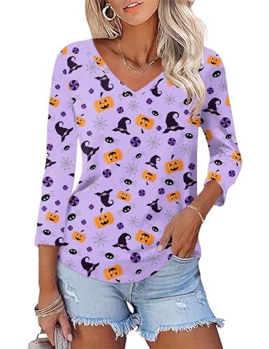 KTILG Halloween Shirt Women V Neck Tshirt 3/4 Sleeve Blouses for Women Cotton Shirts Dressy Halloween Light Purple L
