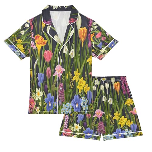 senya Spring Garden Satin Summer Pajama Sets Silk Short Sleeve Button Down Sleepwear