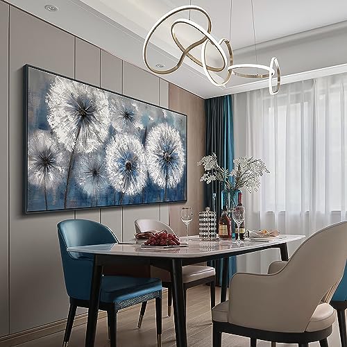 Image of Pogusmavi Dandelion Wall Art Blue Wall Decor Painting Living Room Plant Pictures Framed Paintings for Wall Decorations Artwork for Walls Dining Room Decor 29x58 Black Framed