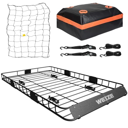 WEIZE 54" x 34" Heavy Duty Roof Rack, Rooftop Cargo Carrier Basket with Waterproof Bag, Tie Down Strap, Net, Rack Extension and Car Top Luggage Holder for SUV, 150lb Capacity, Steel Construction