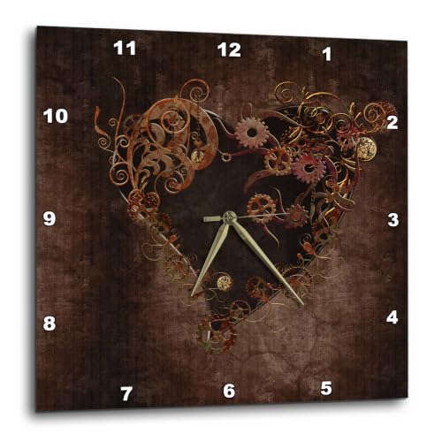 3dRose Decorated Brown Steam Punk Heart Wall Clock, 15 by 15"