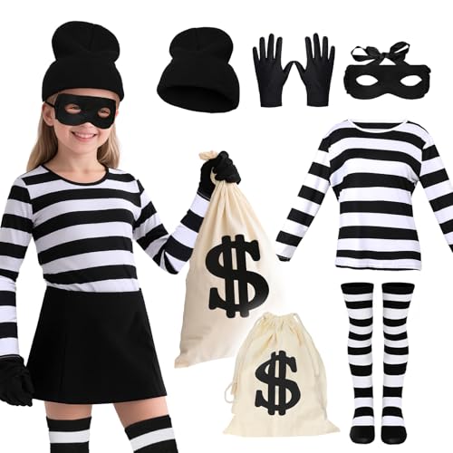 Crazycos Räuberkostüm für Kinder, 6Pcs Kostüm Dieb Set mit Schwarz Weiß Gestreiftem T Shirt, Augenmaske, Taschen,...