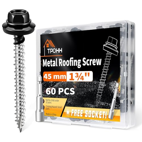 60 Pièces 4,8 x 45 mm Vis de Toiture Hexagonales Avec Embout, Tête Noire Laquée, Rondelles EPDM, Filetage Haut-bas, Vis Autotaraudeuses Métal-bois pour...
