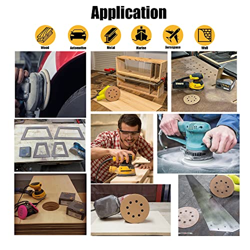 Tigershark 5 Inch Sanding Discs 8 Hole Grit 180 50Pcs Pack Special Anti Clog Coating Tigershark Paper Gold Line Hook And Loop Dustless Random Orbital Sander Paper Fine #TOP3