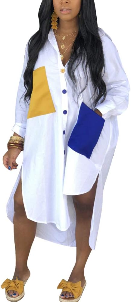 ECHOINEWomen's Sexy T-Shirt Dress V Neck Button Down Loose Blouse Tops Casual Dresses with Pocket White L