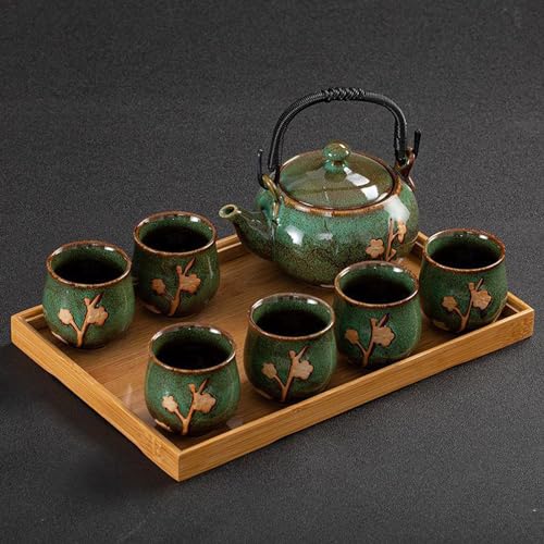 KEYDUACU Japanese Tea Set, Kiln-Formed Ceramic Tea Set, Plum Blossom Embossed, Includes 1 Teapot, 6 Teacups,Tea Tray,Strainer, Used for home, outdoor, gift, Chinese Kung Fu Tea Set(FDMH-GREEN)