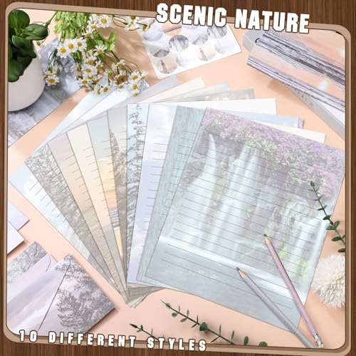 Image of TaoBary 160 Pcs Natural Scenery Stationery Paper and Envelopes Set | 8.5 x 11 '' Letter Writing Kit, 50 Double Sided Stationery Writing Papers 50 Matching Envelopes 60 Round Dot Sticker