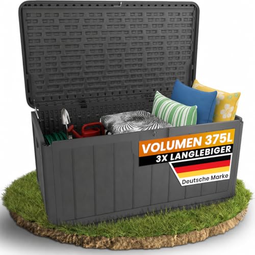 Naturiz Gartenbox wasserdicht & stabil 375L - Aufbewahrungsbox XXL - Gartenkiste wetterfest - Auflagenbox Kissenbox Paketbox Gartentruhe Outdoor Box Garten Box schwarz (375L)