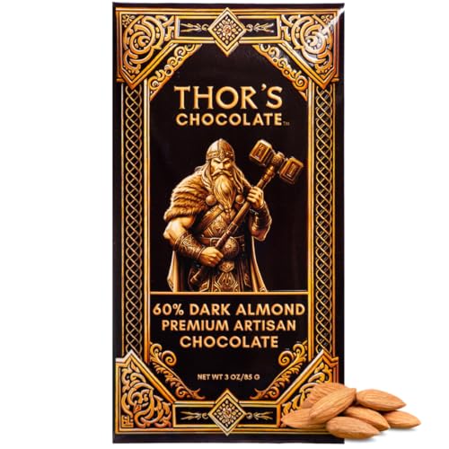 Thor's Chocolate 60% Dark Chocolate Bar with Almonds (3 oz) | Bean to Bar, Rich & Smooth, Crunchy Almonds, Ethically Sourced, Small Batch Gourmet Chocolate, Made in USA