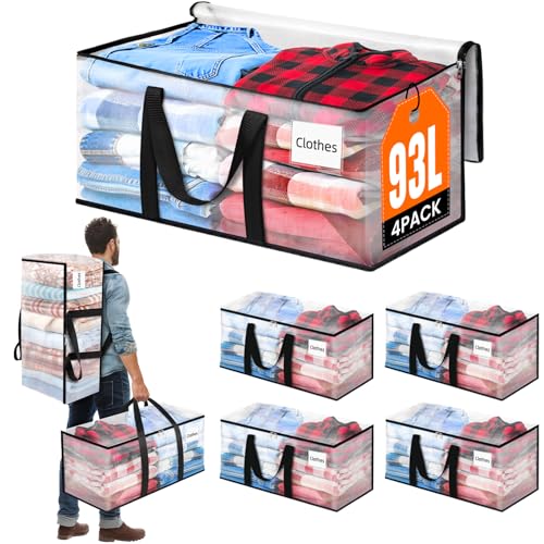 BlissTotes 4-Pack Large Moving Bags with Backpack Straps & Strong Zippers, Heavy-Duty Storage Bags Moving Boxes for Space Saving, Dorms, Transport, 93L-25 Gallons, Clear