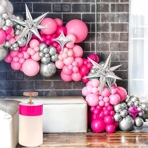 Image of Pink Silver Balloon Arch Kit, Hot Pink Balloons for Princess Birthday Party | Pastel pink, magenta and metallic silver balloons with four star foil accents for wedding, engagement and princess decor