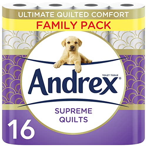 Andrex Supreme Quilts Quilted Toilet Paper - 16 Toilet Roll Pack - 25% Thicker Than Before to Provide Ultimate Quilted Comfort with Unique Air Pocket Texture