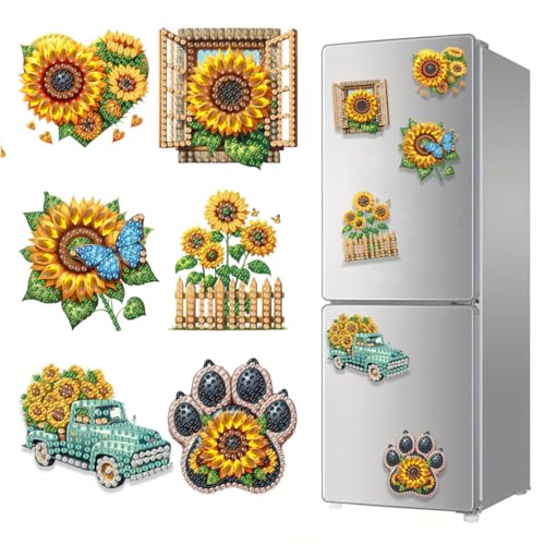 Image of PATPAT 6 Pcs DIY Sunflower Fridge Magnet Diamond Art Kit, 6-Designs Art Refrigerator Magnet Diamonds Paint Ornament Home Decor, Home Decorative Diamond Painting Kit for Kids & Adults