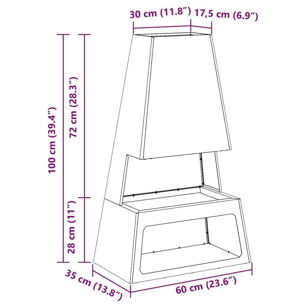 vidaXL Focolare Marrone 60 x 35 x 100 cm, Camino da Giardino Elegante, Design Rettangolare in Acciaio, Resistente, Facile da trasportare, Anti-ruggine