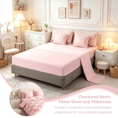 Image of Feelyou Checkered Retro 7 Piece Bedding Set Teen Women Men Pink Gradient Plaid Comforter Set with Sheets King Size Kids Boys Geometric Vintage Bed in a Bag Modern Simple Groovy Aesthetic Room Decor