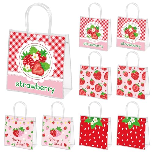 H1vojoxo Summer Fruit Gift Bags - 24PCS Strawberry Clear PVC Gift Bags with Handle 7.9x3.2x7.9 Inch Summer Fruit Theme Party Favor Goodie Candy Treat Bag for Sweet One Birthday Wedding Party Favor