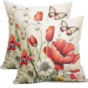 Spring Summer Flower Pillow Covers 18×18 Inch Set of 2 Red Floral Butterfly Summer Outdoor Throw Pillows Spring Farmhouse Pillowcases Cotton Linen Cushion Covers for Couch Bed Sofa Chair Home Decor
