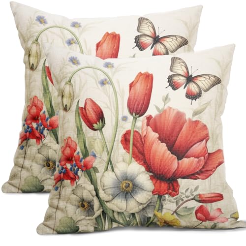 Spring-Summer-Flower-Pillow-Covers-18x18-Inch-Set-of-2-Red-Floral-Butterfly-Summer-Outdoor-Throw-Pillows-Spring-Farmhouse-Pillowcases-Cotton-Linen-Cushion-Covers-for-Couch-Bed-Sofa-Chair-Home-Decor Spring Summer Flower Pillow Covers 18×18 Inch Set of 2 Red Floral Butterfly Summer Outdoor Throw Pillows Spring Farmhouse Pillowcases Cotton Linen Cushion Covers for Couch Bed Sofa Chair Home Decor