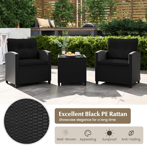 Image of Tangkula 3 Piece Patio Furniture Set, Rattan Conversation Set w /Soft Seat & Back Cushions, Tempered Glass Topped Coffee Table, Cushioned Wicker Seating Set for Backyard, Porch, Poolside (Black)