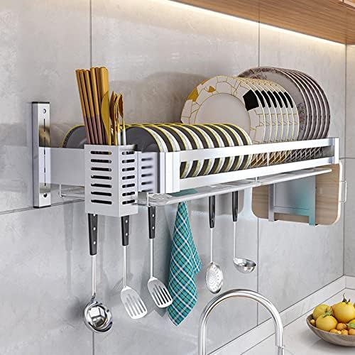 Wall-Mounted Stainless Steel Dish Drainer Rack with Drip Tray, Cutlery & Cutting Board Holder - Space-Saving Kitchen Storage Solution for Efficient Drying & Organization