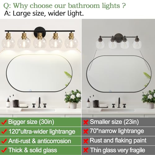 Image of 5-Light Bathroom Vanity Light, Black and Gold Bathroom Light Fixtures with Clear Glass Globe Shades, Modern Vanity Lighting Over Mirror for Bathroom, Kitchen, Living Room, Hallway, Bedroom, Porch