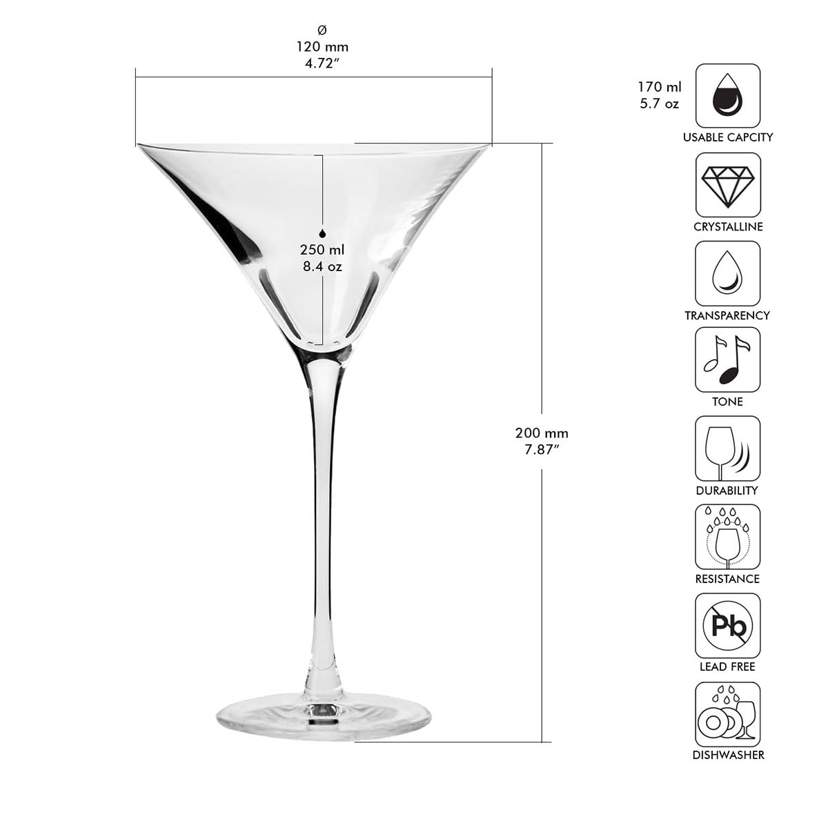 KROSNO Verres à Martini Lot de 6, 250 ml, Collection Divine | Verres à cocktail, boire, manhattan, cosmopolitan, hugo, Cristal sans plomb, Compatibles lave-vaisselle, Idée cadeau