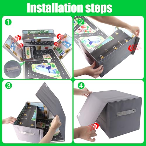 Caja de Almacenaje para Coche de Juguete, Plegable Garaje de Juguete, Caja Almacenaje Infantil con Asa, Organizador de Juguetes (Gris-Parking Lot) - imagen 5
