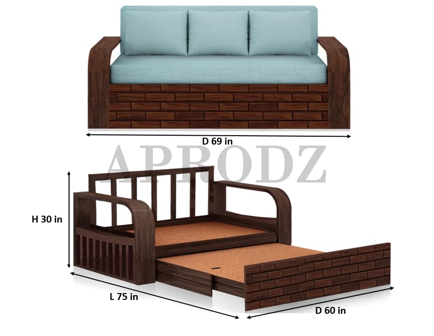 Image of APRODZ Solid Sheesham Wood Sofa Cum Bed 3 Seater Velevt Fabric with Blue Upholstery & Cushion Perfect Sofa Furniture for Home Living Office Room and Guests (Walnut Finish 75x69x30-Inch)