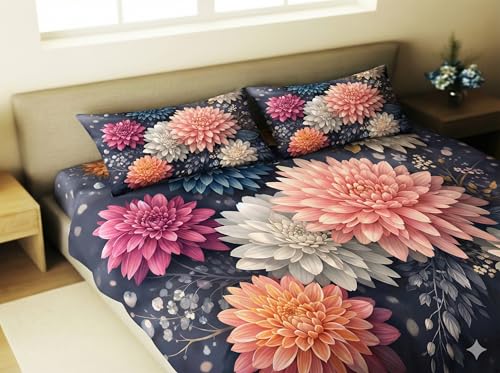Image of Home Sizzler Premium 7D Floral Soft Microfiber Double Bedsheet with 2 Pillow Covers - Soft, Breathable, Vibrant 3D Pink & White Dahlia Print on Dark Background