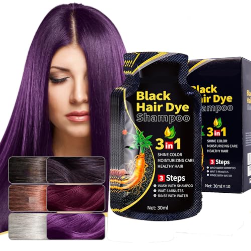 Champú natural de tres en uno para teñir el cabello, champú de teñido rápido instantáneo, 1.tinte para el cabello universal para hombres y mujeres, 10 pcs, un total de 300ml. (púrpura)