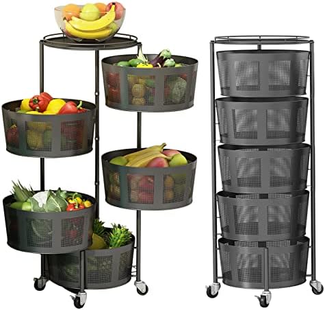 Pumpumly Rotating Kitchen Storage Shelf Rack 5 Tiers Round Metal Baskets for Fruit Vegetable Organizing for Kitchen,Bathroom,Living Room,Black