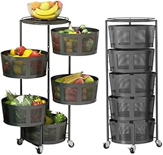 Pumpumly Rotating Kitchen Storage Shelf Rack 5 Tiers Round Metal Baskets for Fruit Vegetable Organizing for Kitchen,Bathroom,Living Room,Black