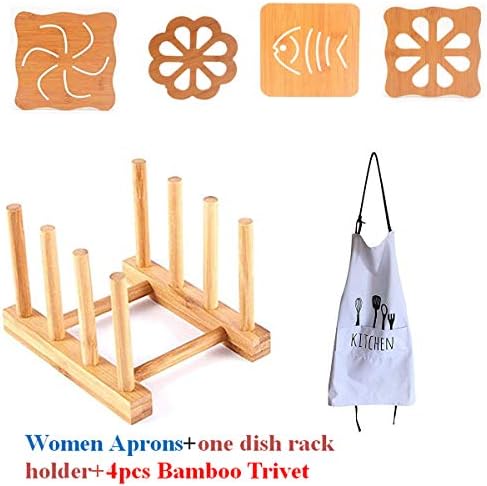 Bamboo Wooden Dish Rack Dishes Drainboard Drying Drainer Storage Holder Stand Kitchen Cabinet Organizer 4pcs Bamboo Trivet Women Aprons And Oven Mitts Gloves Kicthen Set