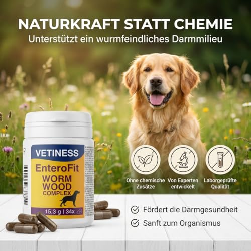 Vetiness EnteroFit Wurmkraut Complex für Hunde - Wurmmittel sekundierend - 34 Kapsel Wormwood - Ergänzungsfuttermittel für EIN wurmfeindlichen Darmmilieus - sekundiert die Wurmkur Hund Tabletten