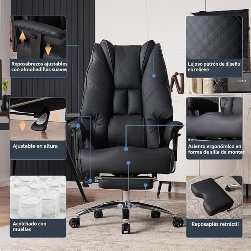 Miniatura 3 de Excebet Silla Oficina Ergonómica 180kg - Silla Escritorio Ejecutiva Grande, Cojín Muelles 14cm, Sillón Despacho Respaldo Alto Piel Pu, Soporte Lumbar, Asiento Ancho 57,5cm Negra